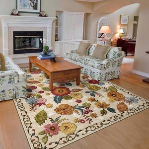 lot 461097 image: 5x8 Machine Washable Area Rug for Living Room, Beige Vintage Boho Floral Rug Large Non-Slip Low Pile Soft Faux Wool Carpet, Kids and Pets Friendly for Bedroom Dining Room Farmhouse Home Decor Rug