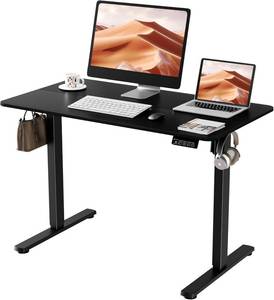 lot 461108 image: Retails for $120 ERGOMAKER Electric Standing Desk, 43.3 x 23.6 Height Adjustable Sit Stand Desk with Splice Board for Home Office, Computer Desk Memory Preset (Black Frame, Black Desktop)