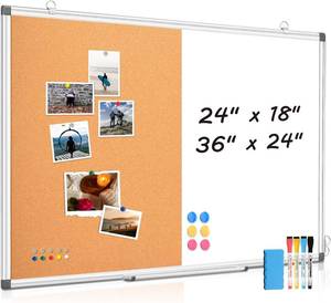 lot 461116 image: WALGLASS Combination Magnetic Whiteboard & Corkboard, 36x24 Combo for School, Office & Home, Dry Erase Board with Removable Tray, Pins, Eraser, Markers & Magnets