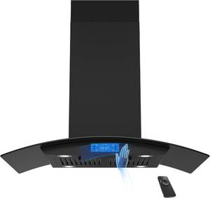$380 FIREGAS Black Island Range Hood 36 Inch, 700 CFM Ductless/Ducted Ceiling Mount Range Hood with 3 Speed Fan, Gesture, Remote & Touch Control, LED Light Vent Hood for Kitchen