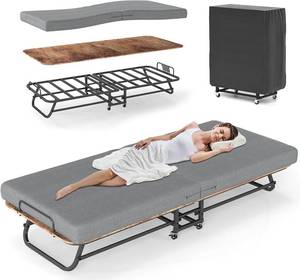 lot 552 image: Folding Bed with Mattress, Portable Foldable Bed on Wheels for Adults, Memory Foam Mattress and Metal Frame, Space Saving Roll Away Beds for Easy Storage, 75 x 31