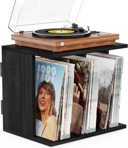 lot 2044 image: Emfogo Vinyl Record Storage, Record Player Stand Wall Mount Up to 80-100 Albums, 3-Compartment Vinyl Record Holder, Black