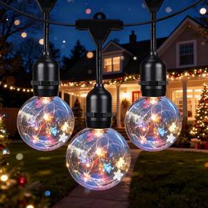 lot 2047 image: Afirst Patriotic Outdoor String Lights, Red White Blue Stars, Clear Plastic Globe Bulbs, Black Cord, 22FT