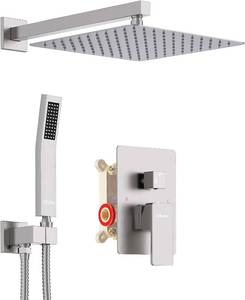 lot 2053 image: $138 KOJOX Shower System with High Pressure 12 Inch Rainfall Shower Head, Handheld Shower head and Shower Faucet Trim valve, Bathroom Luxury Rain Mixer Shower Set Wall Mounted Brushed Nickel