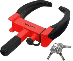 lot 2074 image: KAYCENTOP Wheel Clamp Lock Tire Lock Anti Theft Lock Fit Most Vehicles Max 11 Tire Width and 7 Reach for Trailers SUV Boats ATVs Motorcycles Golf Cart Great Deterrent Bright RedBlack, 3 Keys