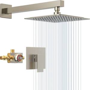 lot 2079 image: SunCleanse Shower Faucet Set with Valve, 8 Inch Square Shower Head and Handle Set, Single Handle Shower Trim Kit with Extra Long Shower Arm, Brushed Nickel