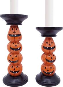 lot 11228 image: Etistta Halloween Pumpkin Candle Holder for Fireplace Decor, 9.5 Inch Tall Polyresin Candlesticks for Decorations, Set of 2
