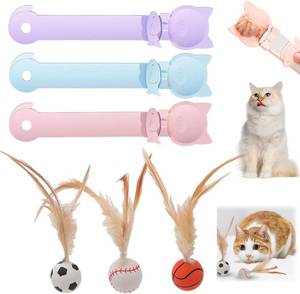 lot 11239 image: 2025 New Interactive Cat Feather Ball Toy Set - Elastic Bouncy Cat Toys with Feather Tails, Multi-Function Dispenser Spoon, Wet Food(6PCS Set)