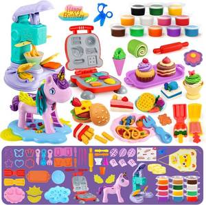 lot 11321 image: 60 PCS 3 in 1 Dough Sets for Kids Ages 3-4-8, Art Crafts Dough Tools Kit, Unicorn Hair Stylist, Ice Cream Playset Hamburger Maker Machine, Kitchen Creations Food Play Toys Boys Girls
