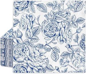 lot 11357 image: Lot of 2, 50Pcs Blue Floral Paper Napkins Blue & White Disposable Paper Spring Vintage Rose Flower Luncheon Napkins for Wedding Holiday Birthday Party Bridal & Baby Shower Party Tableware Supplies