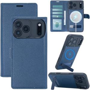 lot 11385 image: for iPhone 17 Pro Max Wallet Case - Magnetic Detachable with Card Slot Inner Case Compatible with MagSafe & 3 Way Stand Kickstand, RFID Blocking, Genuine Leather for iPhone 17 Pro Max (Blue)