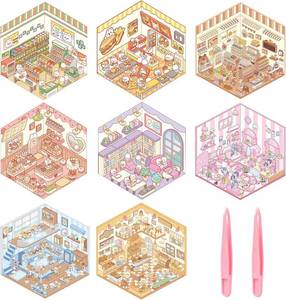 lot 11390 image: 8 Sets DIY 3D House Stickers, 3D Sticker Scene Miniature Scene Stickers, Cute Cartoon Sticker for Adults Kids, Make Your Own Fun Room Book