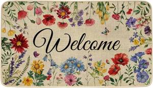 lot 11415 image: Spring Door Mat Welcome Decor Doormat, Summer Flower Plant Decorative Indoor Outdoor Non-Slip Mat for Home Entrance, Outside Entry, Floor, Patio 17x30 Inches