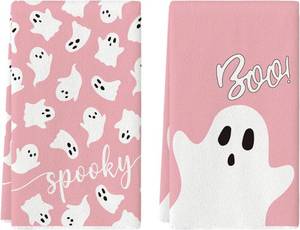 lot 11422 image: Artoid Mode Pink Ghost Spooky Halloween Kitchen Towels Dish Towels, 18x26 Inch Boo Decoration Hand Towels Set of 2