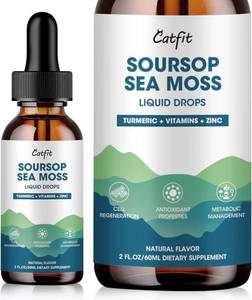 lot 11432 image: Catfit Soursop Graviola Liquid Drop Soursop Drops for Cell Support, Antioxidant, Relaxation & Immune Boost with Sea Moss, Turmeric, Black Pepper, B6 C, Zinc, Sugar Free, Gluten Free, Vegan, 2 Fl Oz