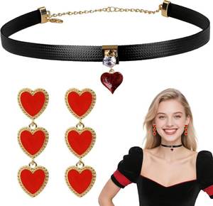 lot 11441 image: Lot of 3, Voiiake Black Choker Necklace & Red Hearts Earrings for Hearts Queen Costume Accessories Women, Halloween Costumes Woman, Vampire Accessories Gothic Vintage Necklace