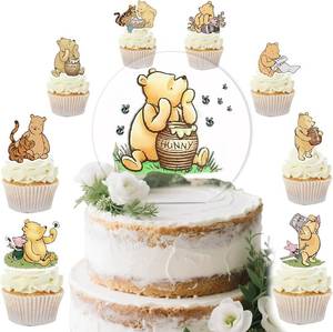 lot 11455 image: Acrylic Winnie Pooh Party Decorations Set with the Cake Topper, Cupcake Toppers (48 Pcs) for Baby Shower, 1st Birthday - Classic Vintage Design