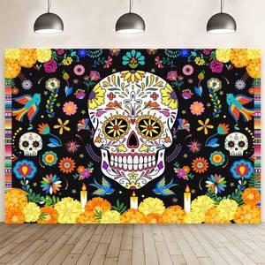 lot 11472 image: MEHOFOND 7x5ft Day of The Dead Backdrop Sugar Skull Dia De Los Muertos Photography Background Mexican Fieasta Marigold Candle Floral Dress up Festival Party Decor Cake Smash Banner Photo Studio Props