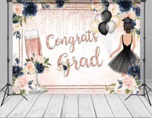 lot 11473 image: Pink Flowers Prom 2025 Backdrop 6x6FT Rose Gold Graduation Photography Background Congrats Grad Prom Party Decorations Photo Props