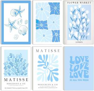 lot 11489 image: Blue Henri Matisse Wall Art Decor Abstract Aesthetic Boho Neutral Floral Canvas Posters Set 6 Pieces Light Bluey Preppy Flower Market Poster Minimalist Canvas Prints Wall Decor (Blue 01 Framed, 8x12x6)