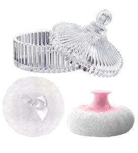 lot 11491 image: Body Powder Puff and Container, Glass Box for Dust Puff, Powder applicator with Case for Dusting Powder (Light Pink)