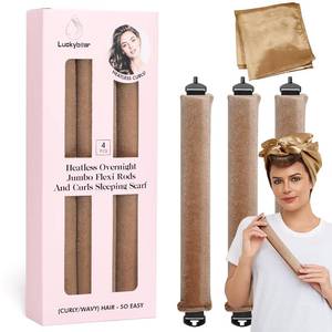 lot 11495 image: Heatless Curls Overnight Rods Jumbo Set, Heatless Hair Curler Velvet Satin Jumbo Flexi Rods to Sleep in, No Heat Overnight Sleeping Blowout Curls Wave Styling Tools with Silk Scarf 4pcs Khaki