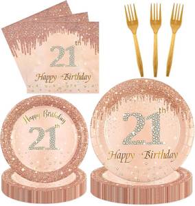 lot 11514 image: 96pcs 21sth Birthday Party Plates and Napkins, Disposable Rose Gold 21st Paper Plates Napkins and Forks Vintage 2004 Aged Party Decorations Dinnerware Decorations for Ladies Women Girl Serves 24