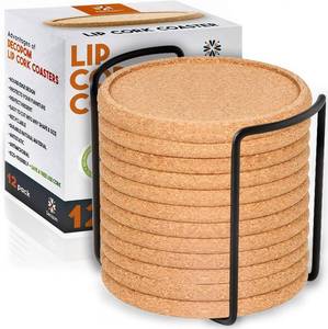 lot 11520 image: Cork Coasters with Lip for Drinks Absorbent  12 Set 4 Inch Thick Rustic Saucer with Metal Holder Heat & Water Resistant  Best Reusable Natural Round Coasters for Bar Glass Cup Table