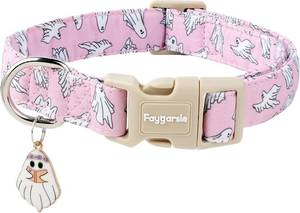 lot 11540 image: Faygarsle Pink Ghost Pattern Dog Collar with Charm, Halloween Pet Necklace, Adjustable Collar for Small Medium Large Dogs M