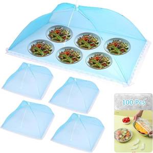 lot 13004 image: Food Covers for Outside Mesh, 1 Large 40x24 inch and 4 Standard 17x17 inch Mesh NetsFood Tents,Food Covers for Outside, Plus 100 Plastic Bowl Covers