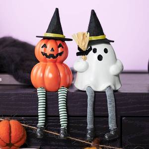 lot 13018 image: WDS WONDROUS Halloween Decoration-2 Pack Ghost Figurine & Pumpkin Statues for Indoor Mantle Shelf Sitters Table Decor, Cute Resin Pumpkin Ghost Sculpture with Hats, Legs and Broom, Spooky Gift