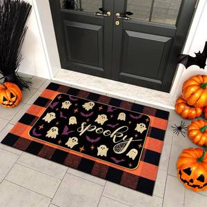 lot 13068 image: Halloween Outdoor Rug Set, Boo Door Mat 28 x 43 in, 2 Pcs Welcome Mat Set, Halloween Bats Rug, Black Doormat, Halloween Front Porch Doormats, Orange and Black Buffalo Plaid Mats for Outdoor Decor