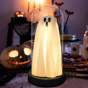 lot 13073 image: Halloween Ghost Decor Light - Halloween Decorations Indoor - Light Up Ghost in Glass Cloche, Cute Ghost Decor for Indoor Party Home Table Room Kitchen and Fireplace Decorations