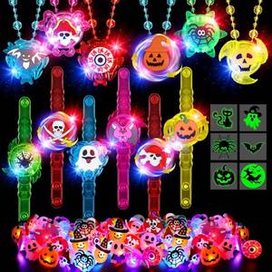 lot 13076 image: 84PCS Halloween Party Favors for Kids, Glow in the Dark Toys Bulk Light up Rotating Necklaces Bracelets Rings Tattoos, Halloween Trick or Treats Toys Goodie Bag Stuffers Party Supplies Glow Sticks