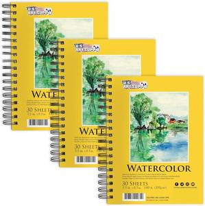lot 13081 image: U.S. Art Supply 5.5 x 8.5 Premium Heavyweight Watercolor Paper Pad, Pack of 3 (30 Sheets Each), 140lb (300gsm) - Spiral Bound, Cold Pressed, Acid-Free, Wet, Water Color Paper - For Artists, Students