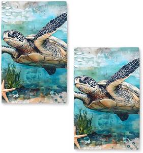 lot 13084 image: Sea Turtle Coastal Beach Kitchen Towels Set of 2 Dish Towels Kitchen Hand Towels Absorbent Quick Dry Microfiber Cloth Dish Towels Drying Towel 18 x 26,