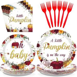 lot 13124 image: Grencian 96Pcs Little Pumpkin Baby Shower Decorations A Little Pumpkin is on the Way Plates and Napkins Thanksgiving Pumpkin Tableware for Boys Girls Fall 1st Birthday Baby Shower Decorations Serve 24