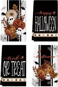 lot 13149 image: Artoid Mode Black Ghost Polka Dot Pumpkin Happy Halloween Kitchen Towels Dish Towels, 18x26 Inch Farmhouse Bat Flower Decoration Hand Towels Set of 4
