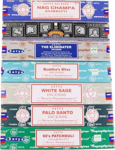 lot 13152 image: Satya Incense Sticks Gift Set, 7 Scents, Nag Champa, Super Hit, Dragons Blood, Sandalwood, Patchouli, Lavender, Positive Vibes, 15g Each (Smudge)
