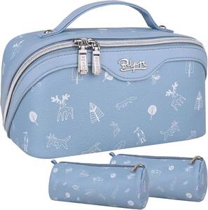 lot 13153 image: BOYATU Travel Makeup Bag Cosmetic Bags for Women 3 Pcs Set Portable Make up Bag with Handle - Vegan Leather Toiletry Bags with Compartments - Makeup Organizer for Travel Essentials(03-Blue)