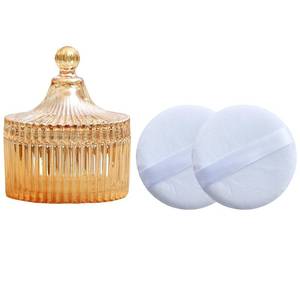 lot 13156 image: Body Powder Puff and Container, Glass Box for Dust Puff, Powder applicator with Case for Dusting powder (retro)