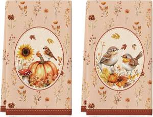 lot 13158 image: Artoid Mode Mushroom Bird Pumpkin Fall Kitchen Towels Dish Towels, 18x26 Inch Farmhouse Sunflower Decoration Hand Towels Set of 2
