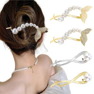 lot 13207 image: Ahoney 4 Pack Pearl French Gold Hair Clips Fishtail Twist Clip for Thich Hair Metal Pin Banana Flat Barrettes for Women Non-slip