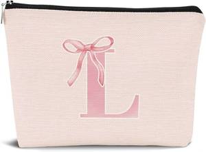 lot 13244 image: Initial Coquette Pink Bow Makeup Bag,initial L Personalized Teen Girl Gifts,Trendy Preppy Cute Monogrammed Gifts Girly Makeup Pouch Zipper Pouch for Women Teen Girl