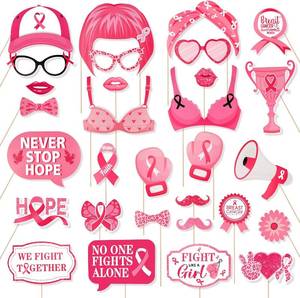 lot 13263 image: Breast Cancer Awareness Photo Booth Props, Konsait 30Pcs Pink Ribbon Photo Props - Supportive Pink Theme Selfie Picture Props, Party Decorations & Accessories ( 2)