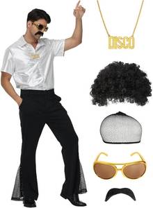 lot 13270 image: 7Pcs Boys 70s Disco Costume, Retro Shirt Bell Bottom Pants Wig Sunglasses Necklace Wig Cap for Disco Party(size11-12y)