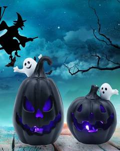 lot 13282 image: 2PCS Light Up Jack-O-Lanterns Pumpkin Decor with White Ghost Black Spooky Face Halloween Pumpkin Halloween Decorations for Table Party Supplies Favors