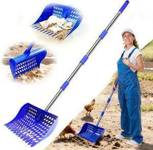 lot 13287 image: Chicken Coop Accessories, 4-in-1 Poop Scooper & Rake with 9 Sifting Plate, Adjustable 35.4-63 Stainless Steel Handle for Cleaning Chicken Coops (Single Unit, Blue)