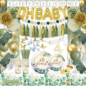 lot 13338 image: 217 Pcs Sage Green Baby Shower Decorations, Neutral Baby Shower Decor Supplies- Disposable Dinnerware Set With Eucalyptus Leaf (25 Guest), OH BABY Banner, Balloon, Sash, Cake Topper