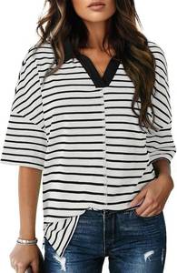 lot 13346 image: Dokotoo Tops for Women Striped 2025 Fashion Oversized T Shirts for Women Color Block Polo Shirts Basic Tee Small